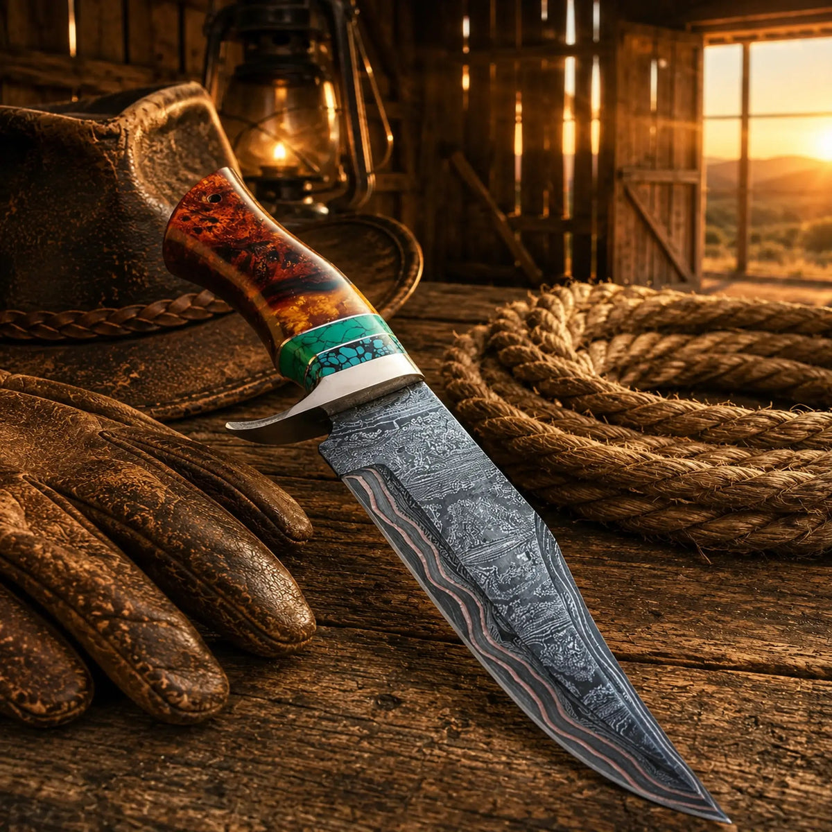 Copper Damascus Hunting Knife – Turquoise & Resin Bowie - SNOODBANGER customs