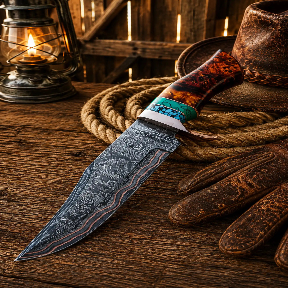 Copper Damascus Hunting Knife – Turquoise & Resin Bowie - SNOODBANGER customs