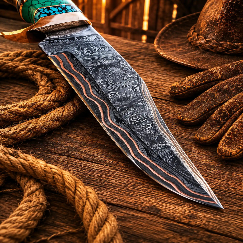 Copper Damascus Hunting Knife – Turquoise & Resin Bowie - SNOODBANGER customs