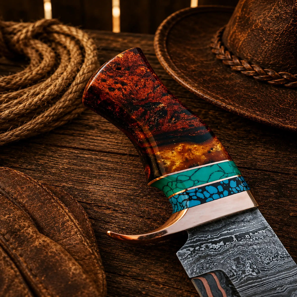 Copper Damascus Hunting Knife – Turquoise & Resin Bowie - SNOODBANGER customs