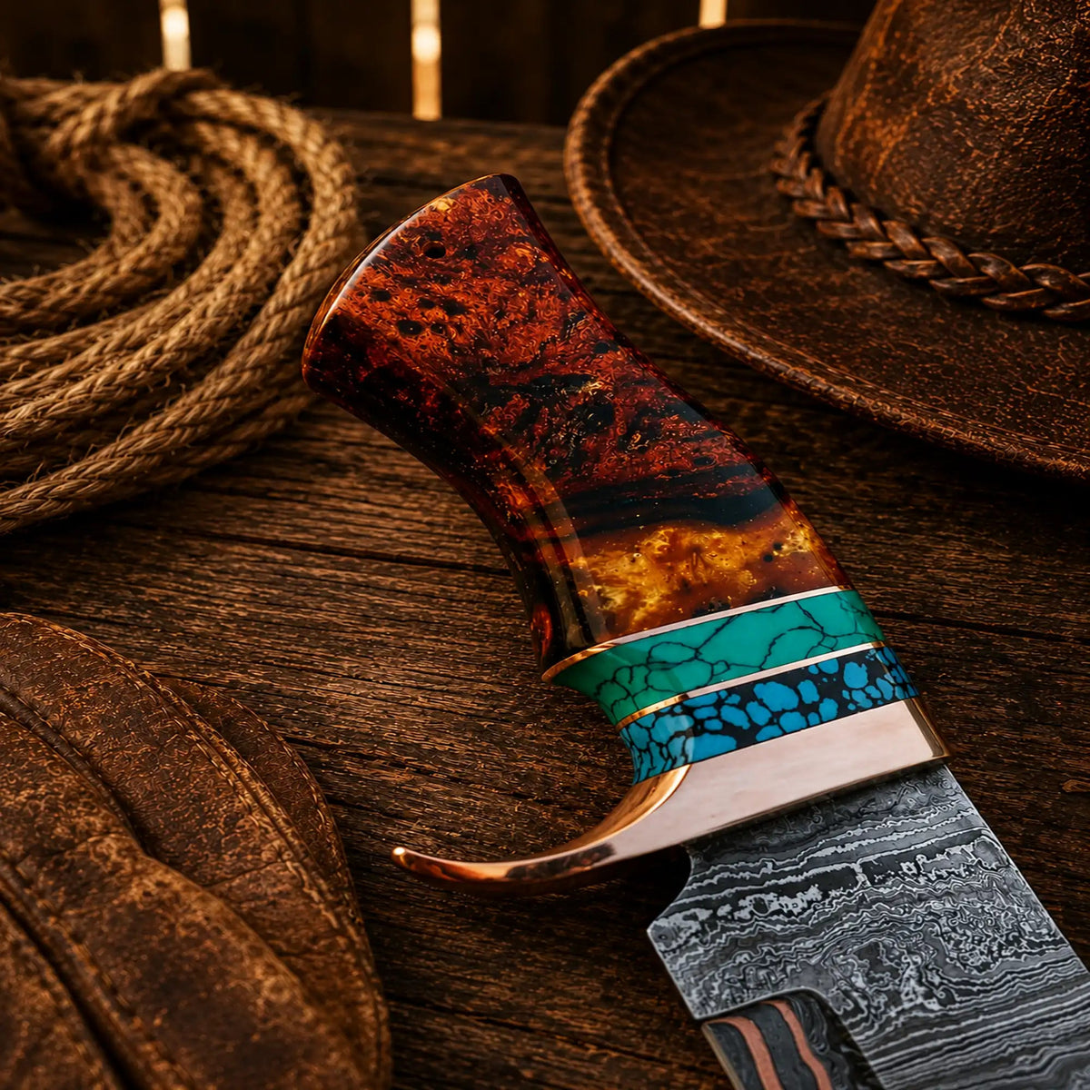Copper Damascus Hunting Knife – Turquoise & Resin Bowie - SNOODBANGER customs