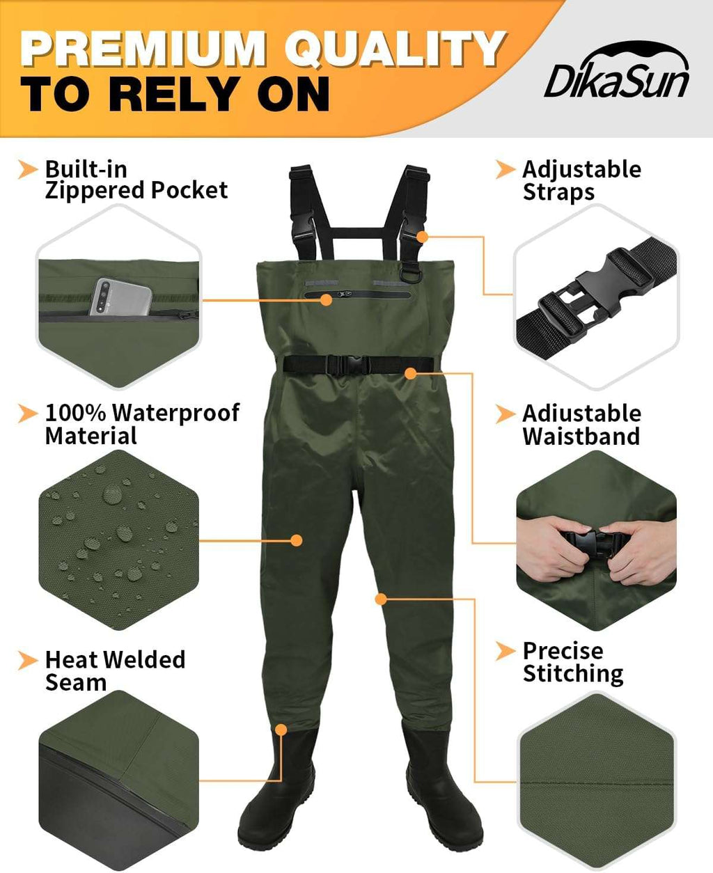 DikaSun Chest Waders with Boots — Lightweight Bootfoot Waders for Men & Women, Duck Hunting & Fly Fishing (US Sizes, Dark Green) - SNOODBANGER customs