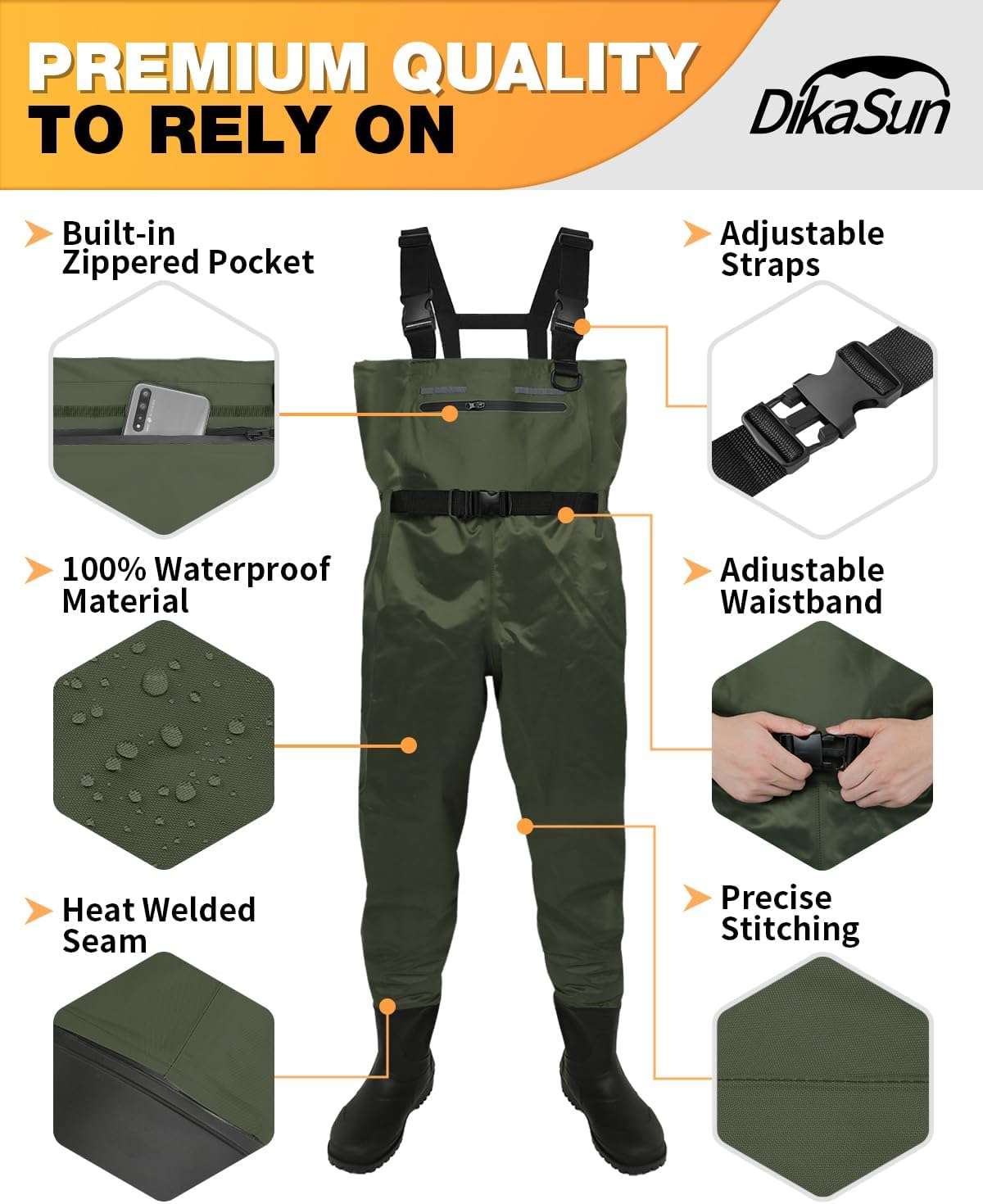DikaSun Chest Waders with Boots — Lightweight Bootfoot Waders for Men & Women, Duck Hunting & Fly Fishing (US Sizes, Dark Green) - SNOODBANGER customs