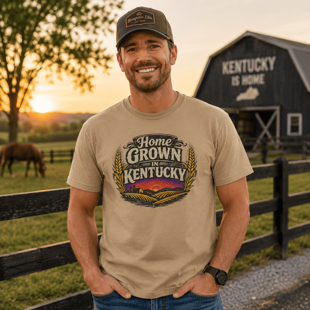 Home Grown in Kentucky T-Shirt | Vintage Wheat & Hills Design | Classic Cotton - SNOODBANGER customs