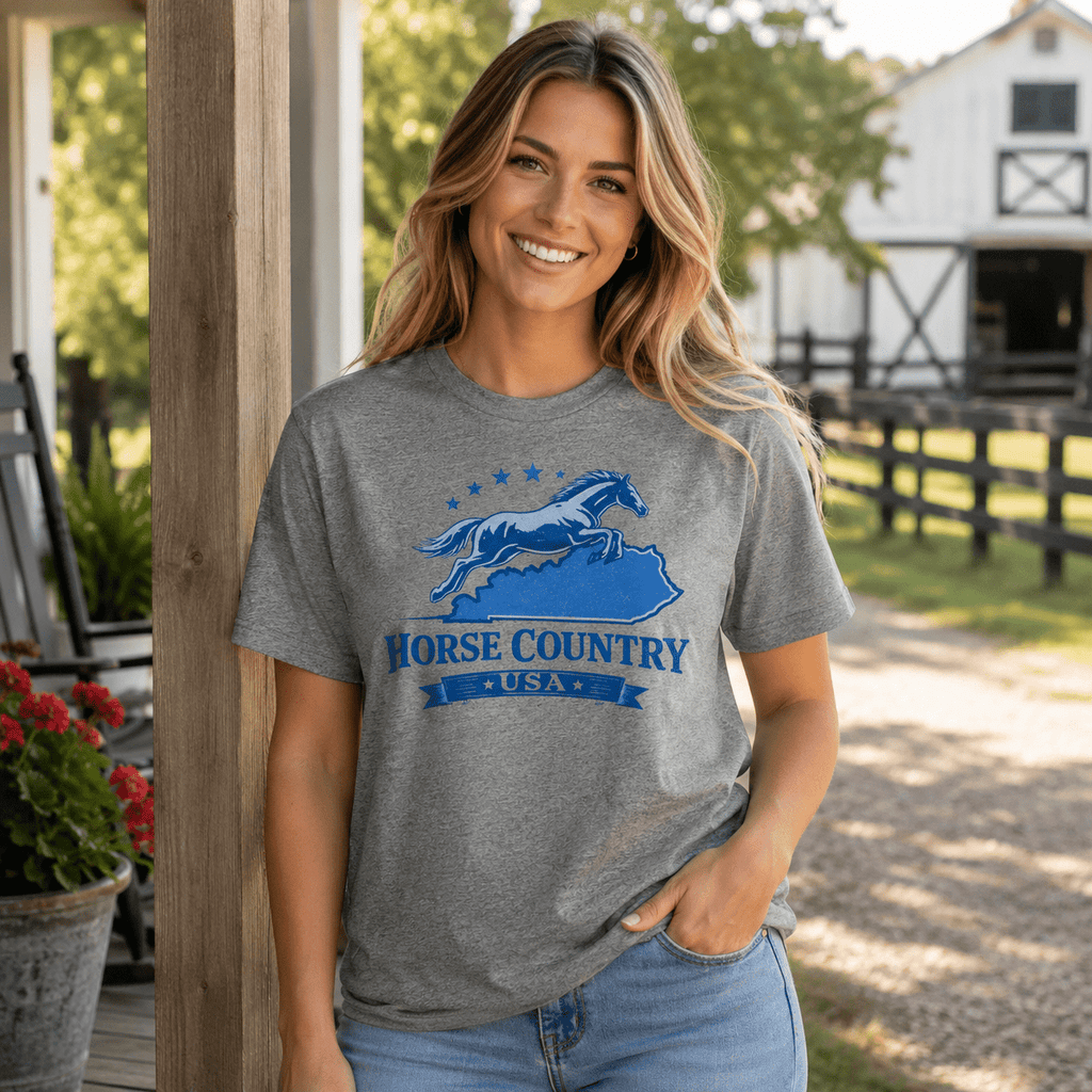 Horse Country USA T-Shirt | Blue Horse & Kentucky Outline | Elite Tri-Blend - SNOODBANGER customs