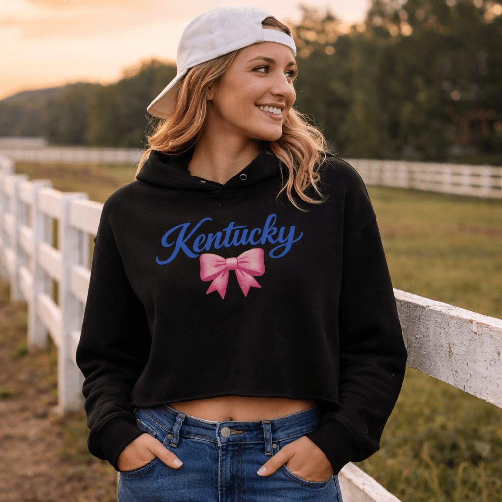 Kentucky Bow Crop Hoodie | Pink Bow + Blue Script | Fleece - SNOODBANGER customs