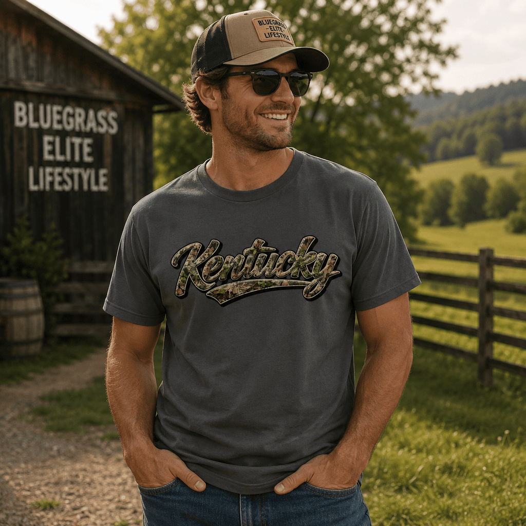 Kentucky Camo Shirt | Outdoor Script Design | Classic Cotton - SNOODBANGER customs