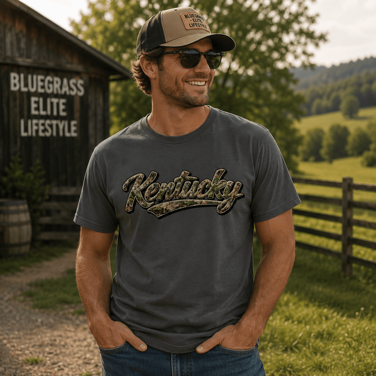 Kentucky Camo Shirt | Outdoor Script Design | Classic Cotton - SNOODBANGER customs