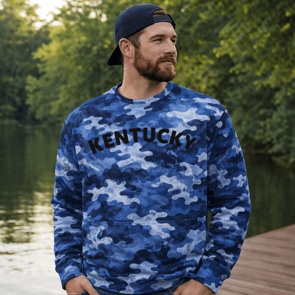 Kentucky Camo Sweatshirt | Blue All-Over Print | Unisex Fleece - SNOODBANGER customs