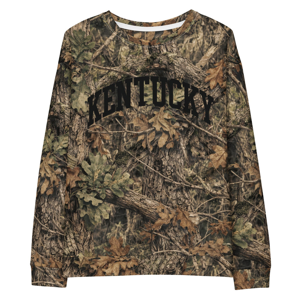Kentucky Camo Sweatshirt | Mossy Oak All-Over Print with Black Block Text | Unisex Cotton - SNOODBANGER customs