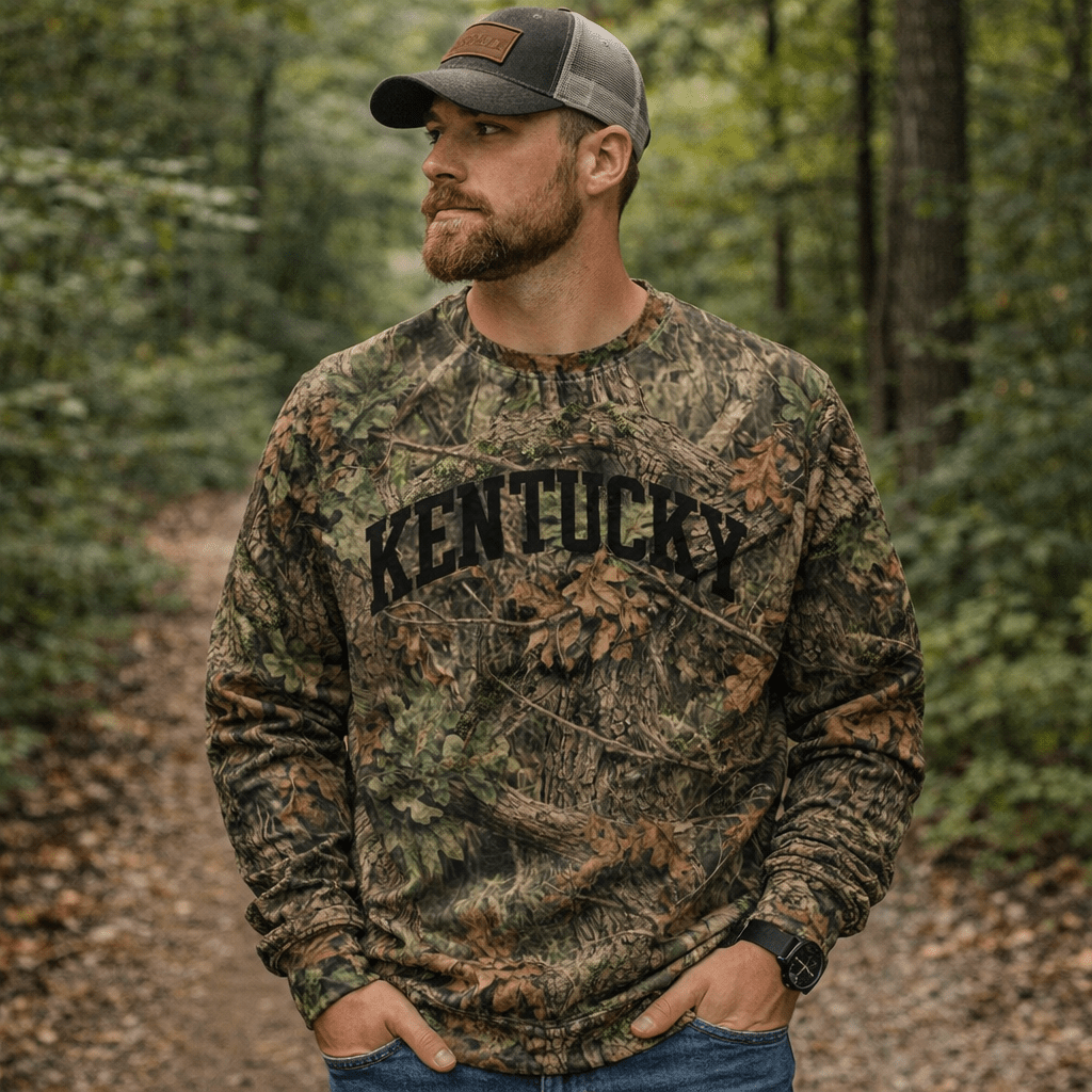 Kentucky Camo Sweatshirt | Mossy Oak All-Over Print with Black Block Text | Unisex Cotton - SNOODBANGER customs