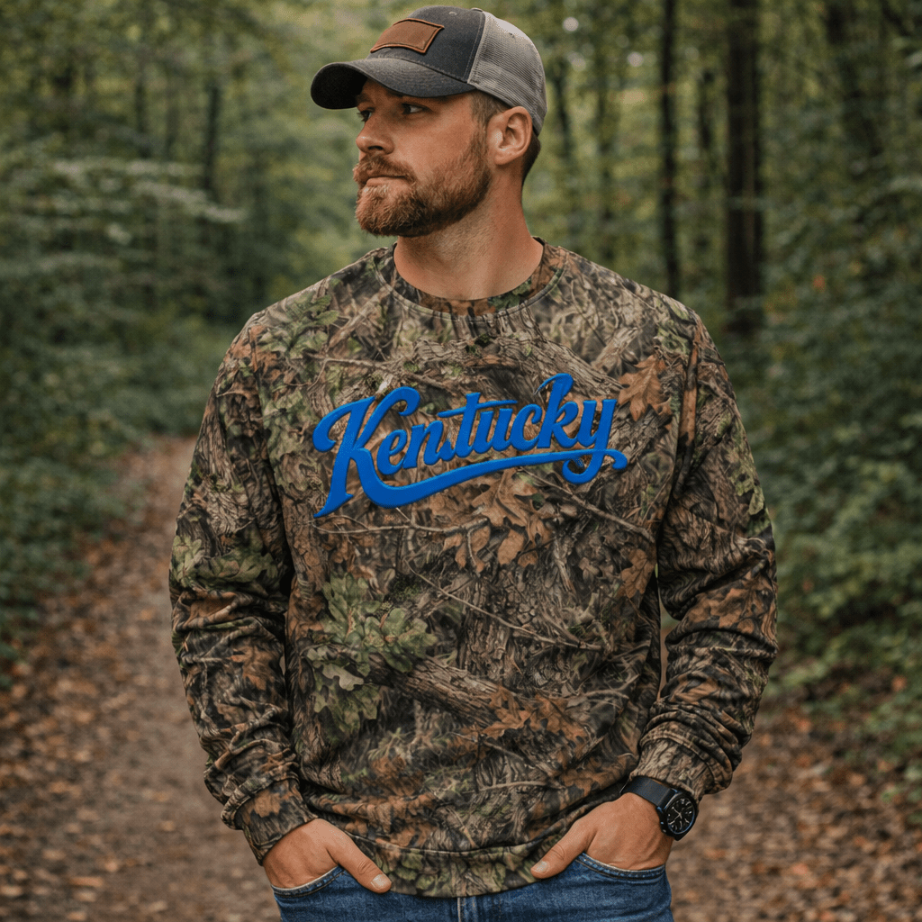 Kentucky Camo Sweatshirt | Mossy Oak All-Over Print with Blue Script | Unisex Cotton - SNOODBANGER customs