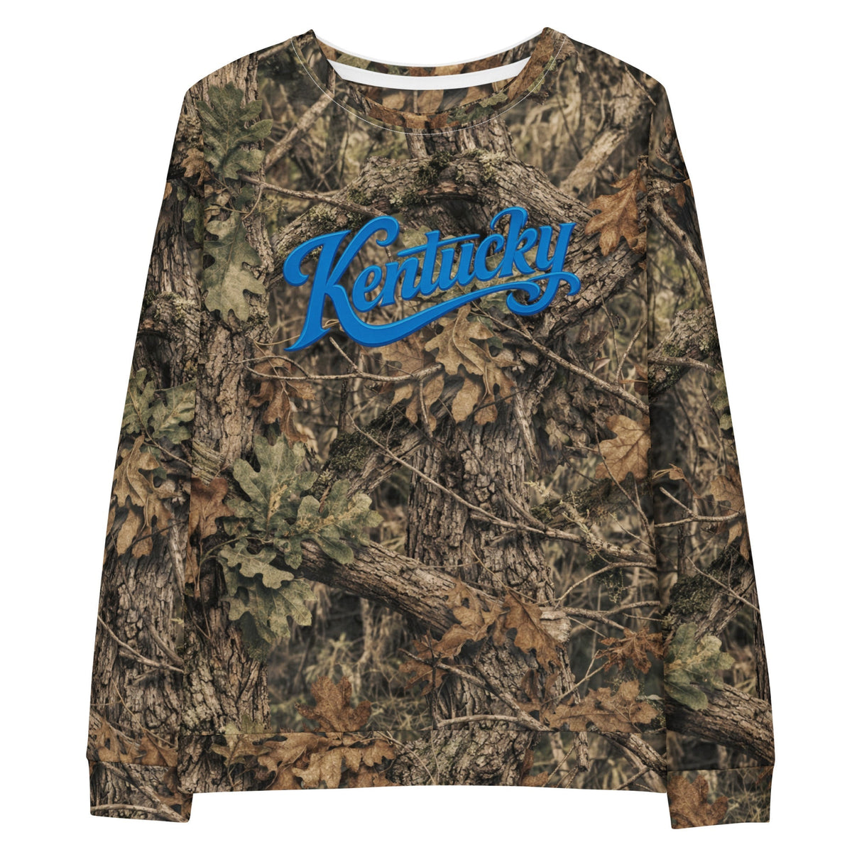 Kentucky Camo Sweatshirt | Mossy Oak All-Over Print with Blue Script | Unisex Cotton - SNOODBANGER customs