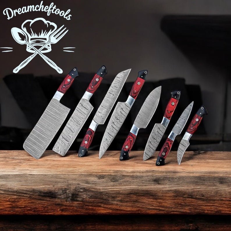 Kitchen Knives Sets – 13” Handmade Damascus Steel Chef Knife with Pakkawood Handle, Steel Bolster & Leather Sheath - SNOODBANGER customs