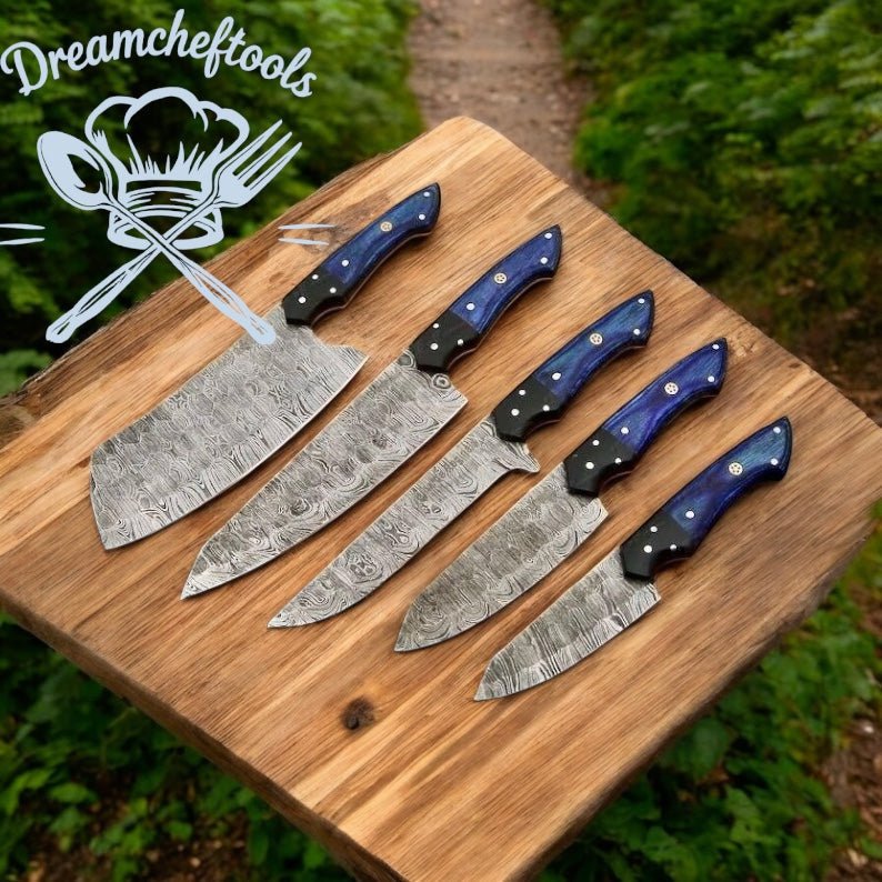 Knife Sets for Kitchen – 13” Handmade Damascus Steel Chef Knife with Pakkawood Handle, Resin Bolster & Leather Sheath - SNOODBANGER customs