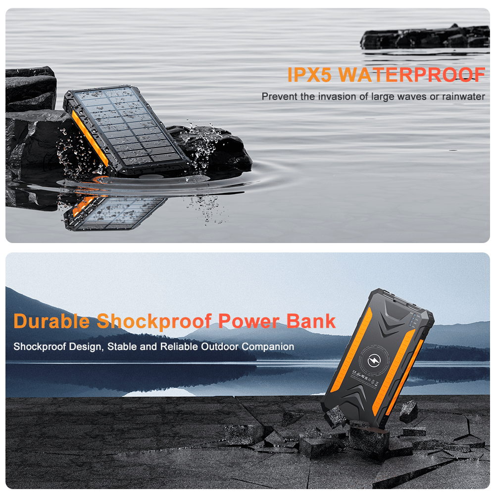 Power Bank Wireless Charger 20000mAh Fast Charging Power Bank for All Mobile Devices, Solar Portable Charger with Dual Flashlights, Carabiner - SNOODBANGER customs