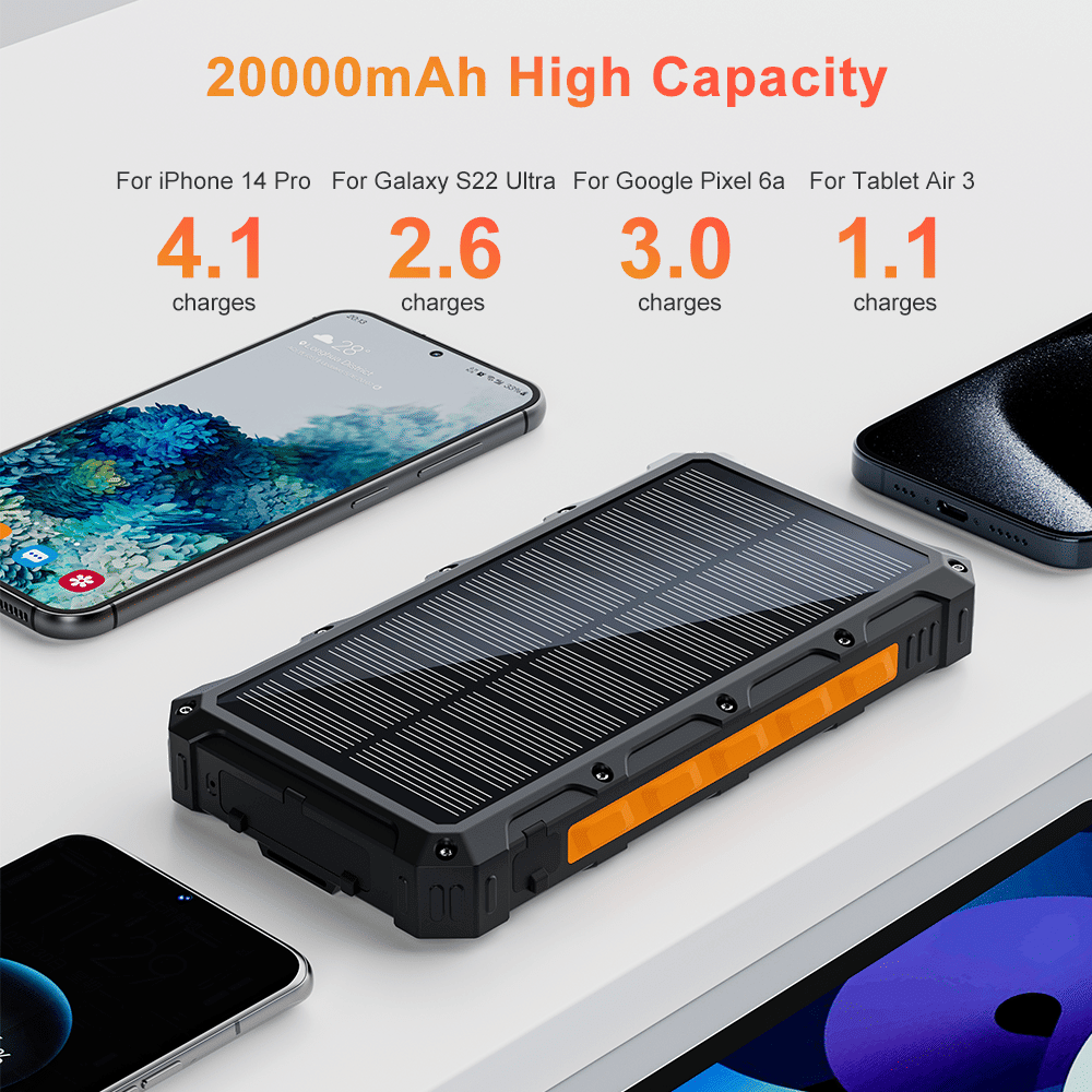 Power Bank Wireless Charger 20000mAh Fast Charging Power Bank for All Mobile Devices, Solar Portable Charger with Dual Flashlights, Carabiner - SNOODBANGER customs