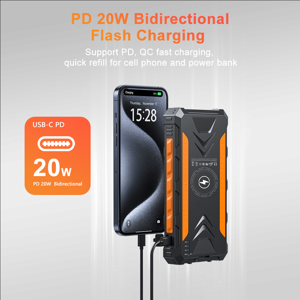 Power Bank Wireless Charger 20000mAh Fast Charging Power Bank for All Mobile Devices, Solar Portable Charger with Dual Flashlights, Carabiner - SNOODBANGER customs