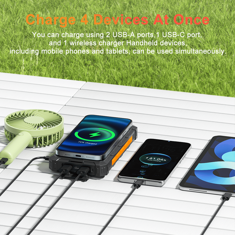 Power Bank Wireless Charger 20000mAh Fast Charging Power Bank for All Mobile Devices, Solar Portable Charger with Dual Flashlights, Carabiner - SNOODBANGER customs