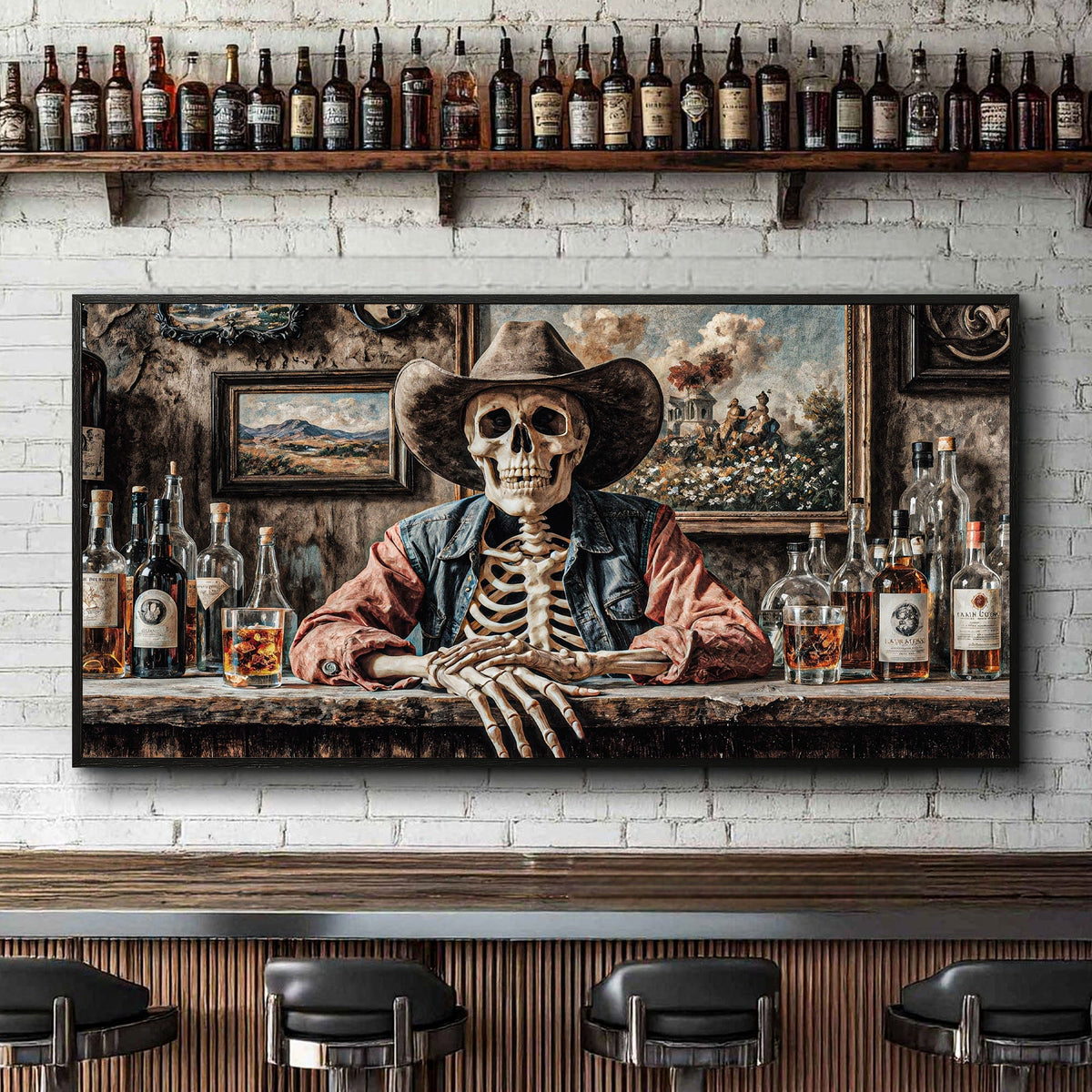 Skeleton Cowboy Barman At Western Saloon Wall Art - SNOODBANGER customs