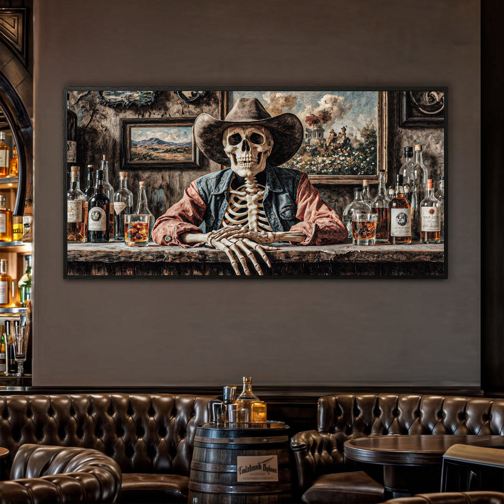 Skeleton Cowboy Barman At Western Saloon Wall Art - SNOODBANGER customs