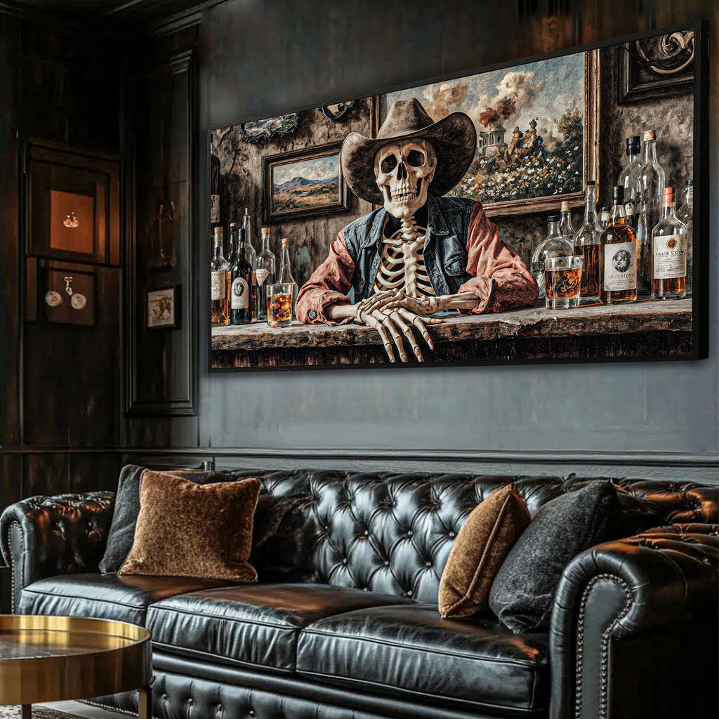 Skeleton Cowboy Barman At Western Saloon Wall Art - SNOODBANGER customs