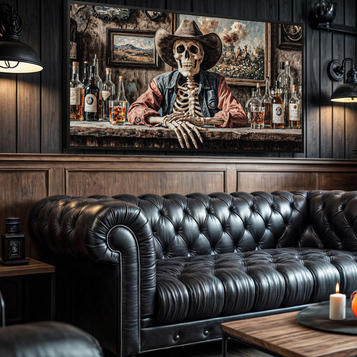 Skeleton Cowboy Barman At Western Saloon Wall Art - SNOODBANGER customs