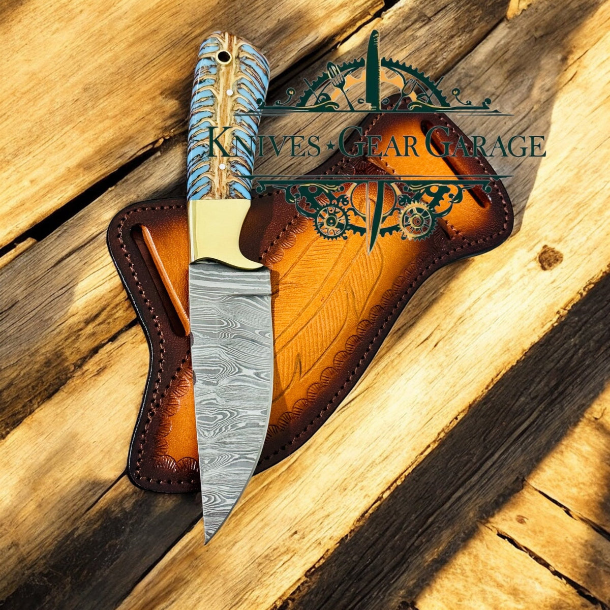 Western Rancher’s Knife – 8.25” Damascus Blade with Turquoise Pine Cone Handle - SNOODBANGER customs